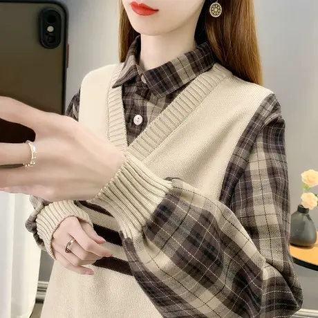 假两件女士毛衣2023年新款格子衬衫领韩版套头拼接针织上衣女宽松商品大图