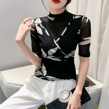 半高领打底衫女五分袖内搭秋装时尚气质减龄印花上衣修身网纱T恤商品大图