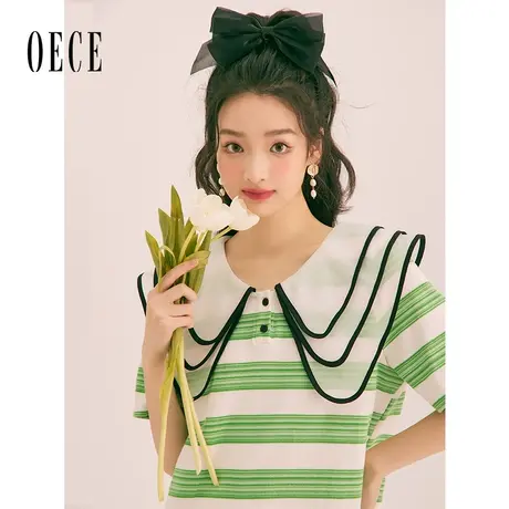 Oece复古设计感条纹连衣裙2023春夏季新款女装甜美大翻领气质裙子图片