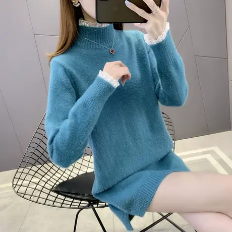 水貂绒中长款毛衣女2021年新款爆款洋气半高领加厚打底衫连衣裙女商品大图