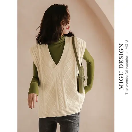 弥古麻花毛衣针织马甲女外穿秋冬v领宽松毛线背心外搭叠穿小坎肩商品大图