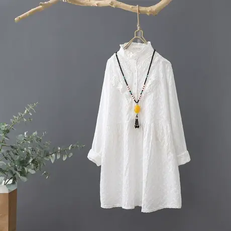 秋装2023新款文艺清新刺绣全棉立领衬衫女长袖中长款套头打底衬衣图片