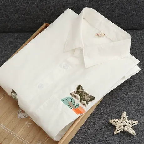 2020春装新款日系文艺简约刺绣纯棉长袖白衬衫女韩版打底学生上衣图片