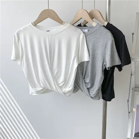 莫代尔打结短款t恤女个性夏季薄款露脐短袖纯色上衣女修身显瘦T恤商品大图