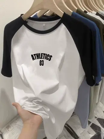 美式复古撞色插肩袖t恤女夏季2023新款小众设计感短袖上衣服仿棉图片