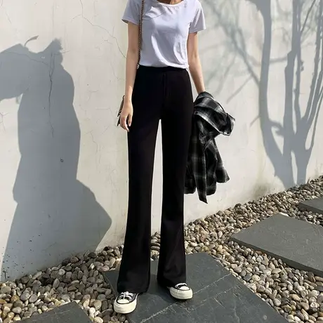 喇叭裤女2023新款春秋高腰显瘦阔腿长裤黑色垂感休闲拖地微喇裤子商品大图