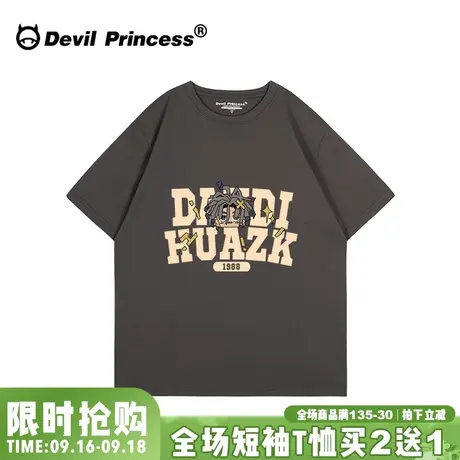 无性别穿搭美式高校复古风深灰色短袖t恤女宽松小众潮牌半袖上衣图片