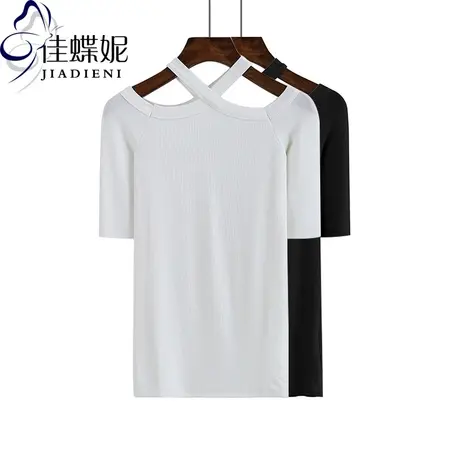 春秋露肩吊带修身中袖T恤女装新款纯色套头性感打底衫性感五分袖商品大图