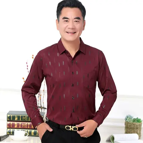 爸爸衬衫长袖秋季中年男士衬衣薄款老人春秋爷爷装红色上衣服口袋图片