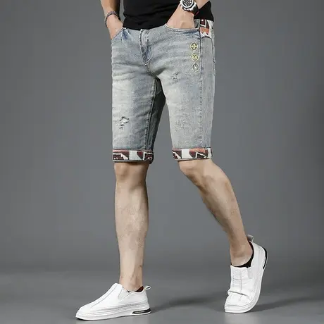 美式复古色牛仔短裤男破洞夏季薄款修身2023新款男士中裤五分裤潮商品大图