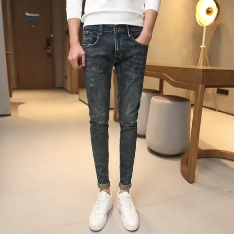 秋冬新品做旧修身小脚牛仔裤韩版男潮猫爪铅笔裤青少年显瘦长裤子商品大图