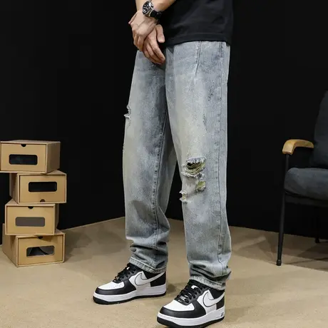 刮烂破洞牛仔裤男直筒宽松潮牌阔腿春秋美式高街男款大码裤子新款商品大图