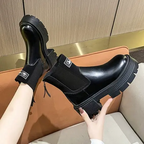 松糕厚底切尔西靴女短靴ins潮2023年秋冬新款马丁靴拼色烟筒靴女商品大图