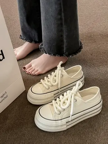 厚底帆布小白鞋女2023新款夏软底一脚蹬鞋子休闲百搭韩版运动板鞋商品大图