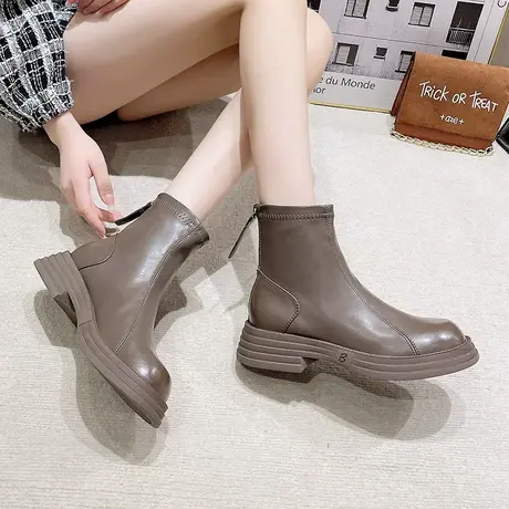 时尚马丁靴女2023夏秋新款短靴网红烟筒靴百搭后拉链瘦瘦切尔西靴商品大图
