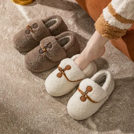 秋冬季毛绒保暖外穿包跟简约棉拖鞋女居家室内防滑冬天情侣棉鞋男商品大图