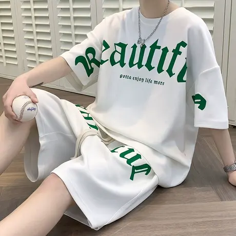 华夫格休闲运动套装男夏季时尚潮牌短袖男一套搭配帅气青少年衣服商品大图