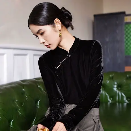 丝绒打底衫黑色中式国风上衣秋装女2023新款旗袍盘扣加绒内搭t恤商品大图