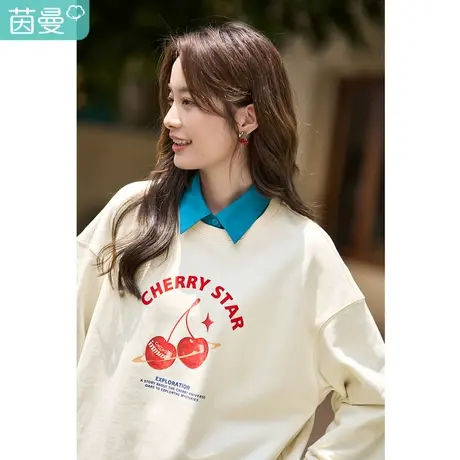 茵曼2023春女装新款休闲樱桃立体感刺绣宽松运动圆领套头卫衣上衣图片