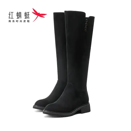 红蜻蜓女鞋长筒靴圆头低跟磨砂软皮高筒靴时尚百搭休闲通勤日常靴商品大图