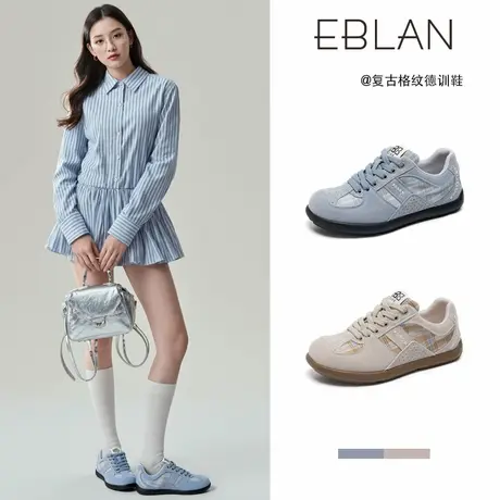 EBLAN/伊伴丑萌格纹德训鞋女2025新款春夏厚底休闲运动鞋平底板鞋图片