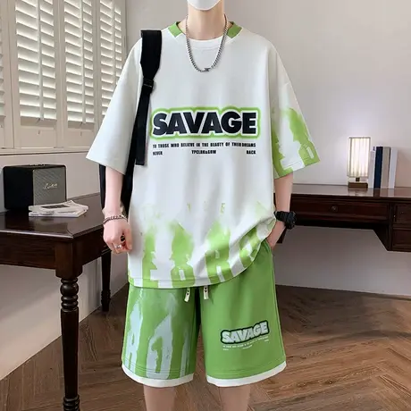 休闲运动套装男夏季潮牌渐变色短袖体恤男青少年潮流帅气一套衣服商品大图