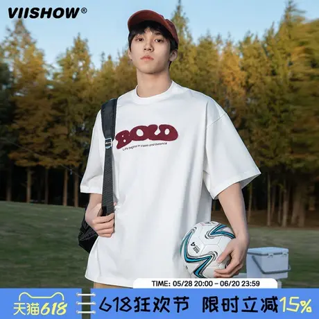 VIISHOW字母绣花情侣休闲T恤高街潮牌复古宽松体恤夏季纯棉短袖男商品大图