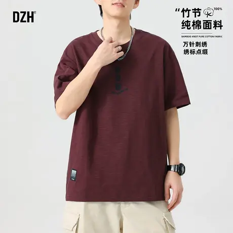 男士红色竹节棉刺绣短袖t恤男2025新款纯棉休闲宽松上衣大码半袖商品大图