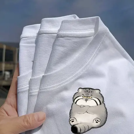 高原三傻二级保护废物生气小兔狲猫搞笑可爱情侣装短袖T恤男打底商品大图