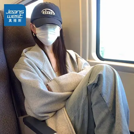 KMV真维斯灰色开衫小众百搭连帽拉链卫衣女外套2025春季显瘦上衣商品大图