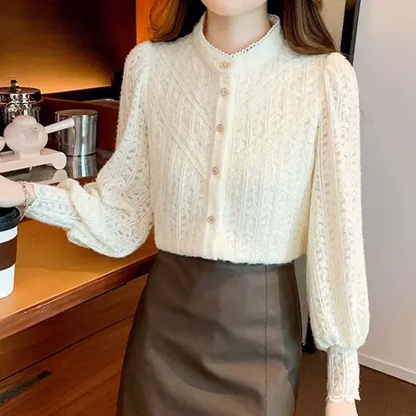 加绒蕾丝打底衫女秋冬时髦时尚洋气2023新款加厚内搭立领上衣外穿商品大图