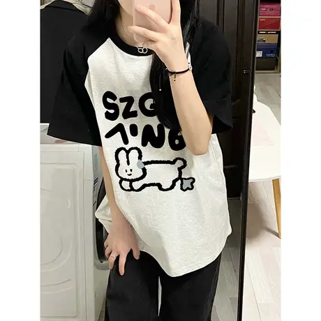 夏季显瘦插肩袖t恤大码女装胖mm高级感遮肚短袖ins纯棉百搭上衣服商品大图