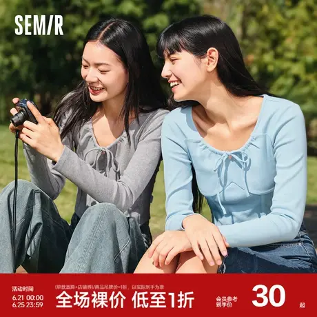 森马长袖T恤女短款蝴蝶结紧身针织衫春季2024新款大圆领鱼骨上衣图片
