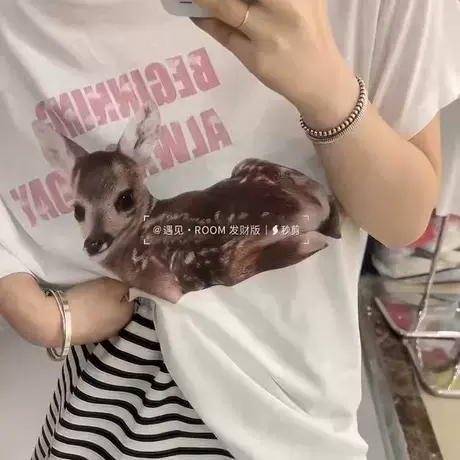 斜肩短袖宽松2025新款小鹿t潮范上衣绝美独特超好看夏季衣服女T恤商品大图