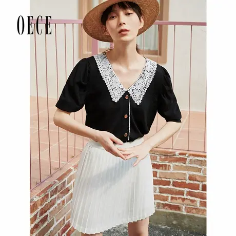 Oece夏装新款女装 气质半身裙短裙白色A字裙甜美显瘦百褶裙商品大图