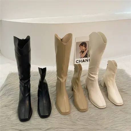 白色长筒靴女2022年新款v口小个子粗跟高跟瘦瘦高筒骑士靴子春秋图片