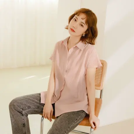 桔熊夏季通勤休闲条纹落肩连袖衬衫宽松上衣胖妹妹女大码AB17382商品大图