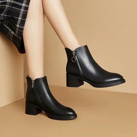 浓情漫宇简约风圆头单靴女里外真皮透气吸汗软皮舒适质感品牌短靴图片