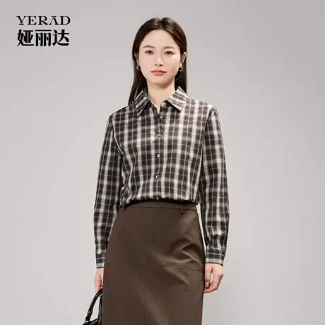 娅丽达女装格子衬衫女气质长袖上衣2025年秋季新款正肩轻职场衬衣图片