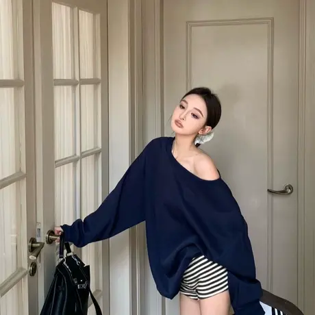 大码女装微胖MM宽松露肩长袖卫衣2025秋季休闲慵懒美式套头上衣潮商品大图