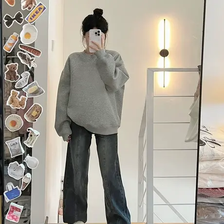 今年流行的卫衣女2025年早秋新款oversize灰色长袖宽松圆领上衣女商品大图