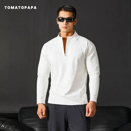TOMATOPAPA男士T恤长袖薄绒拉链开衫运动跑步套头美式高街打底衫商品大图