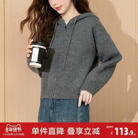 唐狮秋冬季简约风连帽拉链开衫女针织外套春秋高级感休闲毛衣女士图片