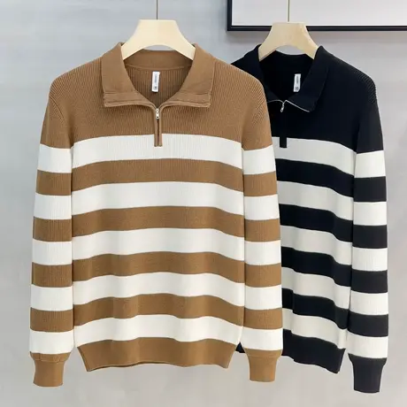 美式休闲学院风针织中领可翻领条纹毛衣男装秋冬半拉链半高领上衣商品大图