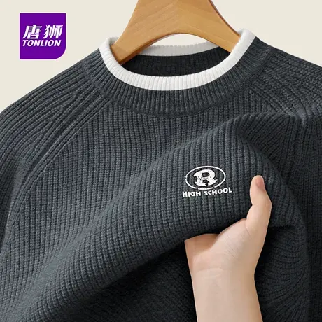 唐狮官方深灰撞色圆领毛衣男冬季加厚重磅保暖青少年套头针织衫YB图片