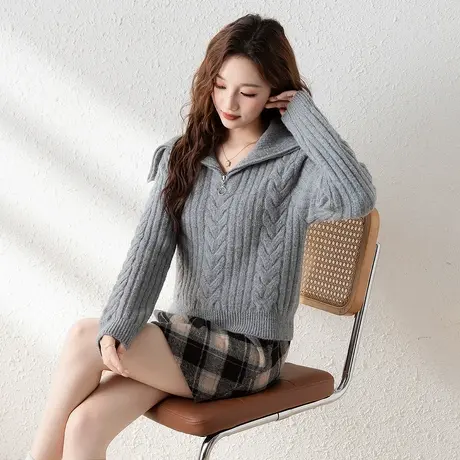 唐狮新款毛衣女圆领女圆半开胸拉链套头百搭休闲毛线衫毛衣TE商品大图