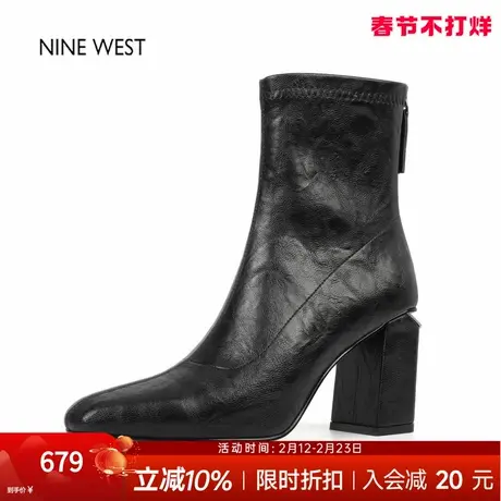 奥莱专供Nine West/玖熙法式复古方头时装靴冬高跟短靴粗跟靴子女商品大图