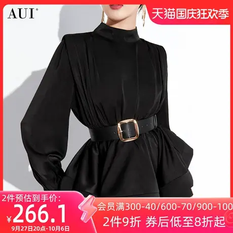 AUI黑色名媛气质立领衬衫女2023秋季新款高级感收腰修身长袖上衣图片