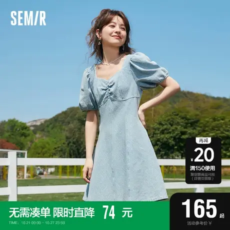 森马连衣裙女甜酷泡泡袖夏季2023新款时尚复古菱格提花牛仔裙潮流图片