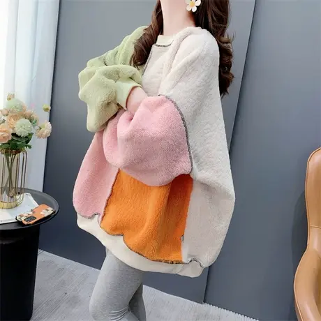 宽松慵懒风大码拼色圆领羊羔毛外套女秋冬新款加绒加厚休闲上衣潮商品大图